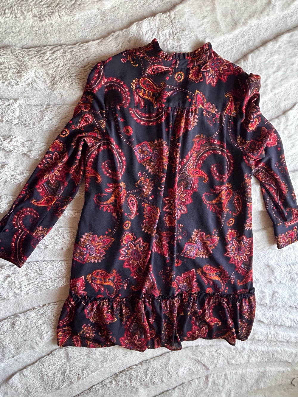 LOFT Long Sleeve Paisley Ruffle Hem Dress - Navy with Red Floral Print